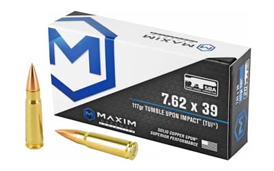 Maxim Defense Industries, SBA Short Barrel Ammunition, 7.62X39, 117 Grain, Solid Copper Bullet, TUI (Tumble Upon Impact) Design, 20 Round Box