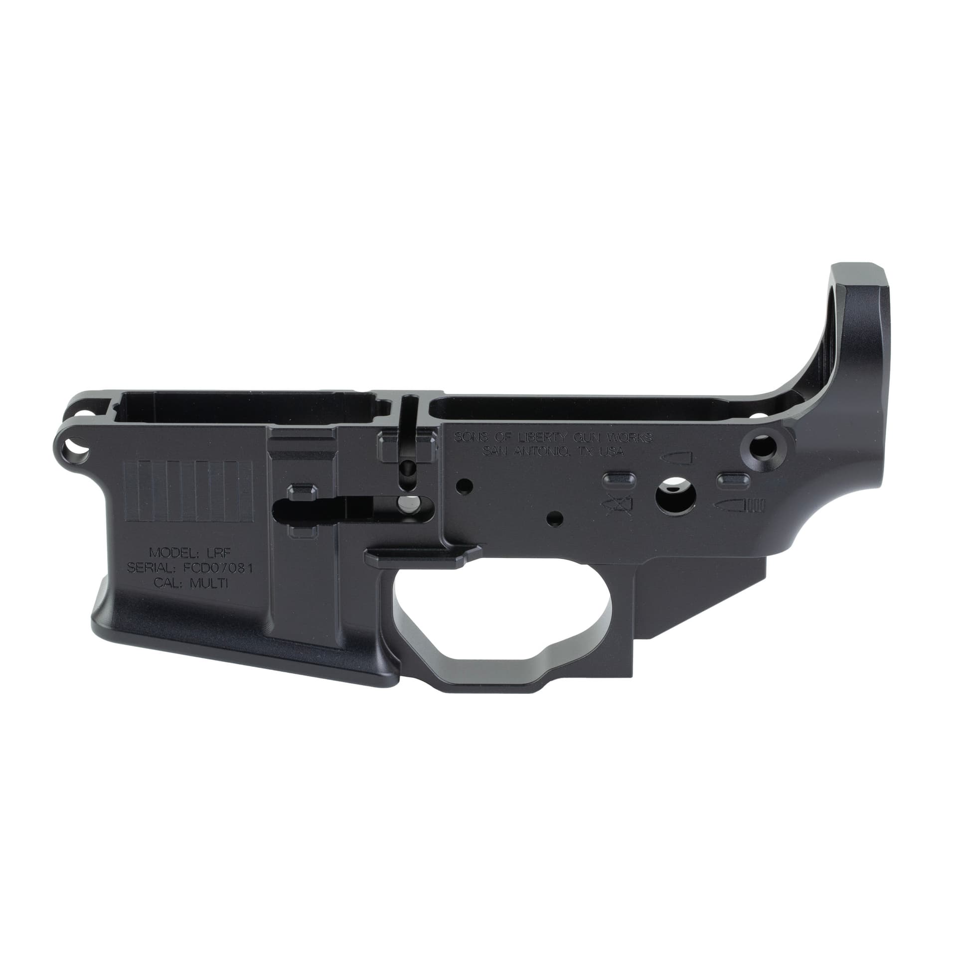 Sons of Liberty Gun Works, Forward Controls Design Lower Receiver, Stripped Lower Receiver, Multi Cal, Billet, Anodized Finish, Black, Includes Ambi Parts, Flared Magwell