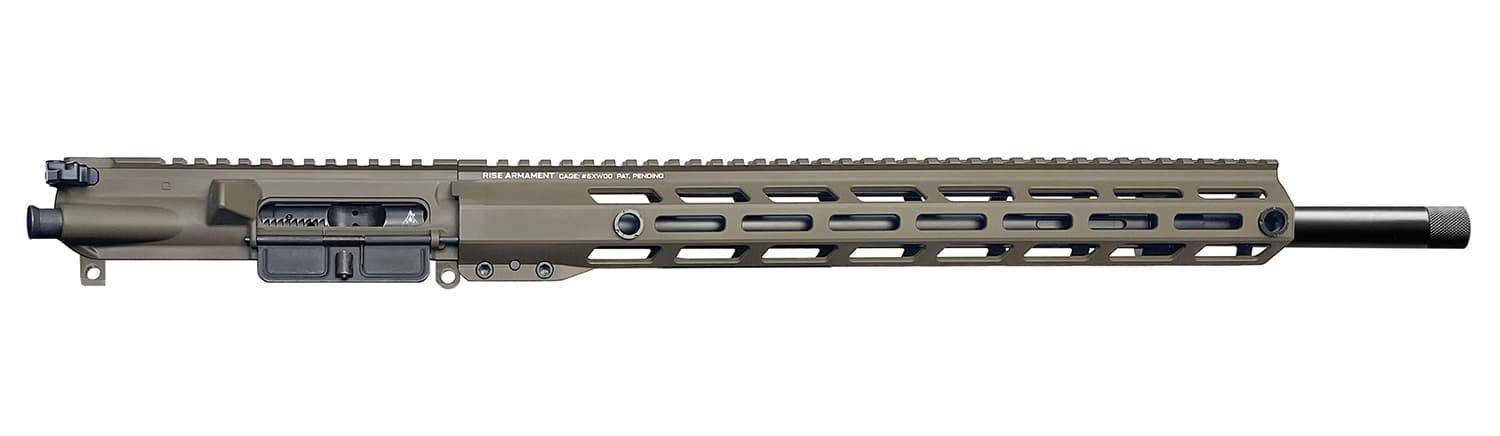Rise Armament, Complete Upper, 6MM ARC, 18" Stainless Steel Barrel, 1:7 Twist, 1/2X28 Threaded, Rifle-Length Gas System, 15.25" Free Float M-LOK Handguard, Black Nitride Bolt Carrier Group, Ambidextrous Charging Handle, Cerakote Finish, Patriot Brown