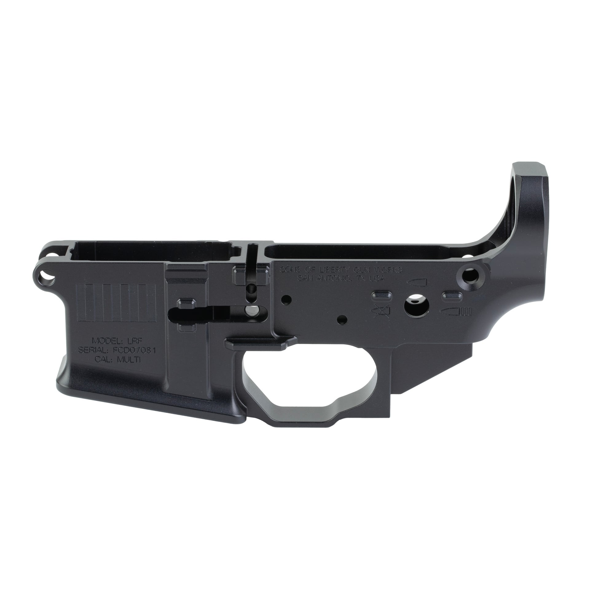 Sons of Liberty Gun Works, Forward Controls Design Lower Receiver, Stripped Lower Receiver, Multi Cal, Billet, Anodized Finish, Black, Includes Ambi Parts, Flared Magwell