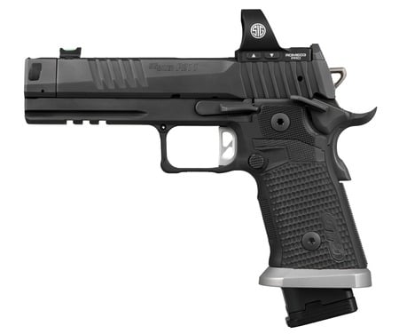 Sig Sauer P211 GTO w/Optic 9mm Luger 23+1 4.40" Bull Barrel, Black Nitron Stainless Steel Serrated w/Optic Slide & Frame w/Beavertail & Picatinny Rail, Black G10 Grip, Sig ROMEO3 PRO Red Dot, Ambidex