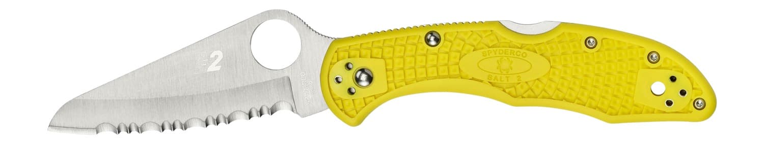 Spyderco C88SYL2 Salt 2 3" Folding Clip Point Serrated H1 Steel Blade Yellow Bi-Directional Texturing FRN Handle Includes Pocket Clip