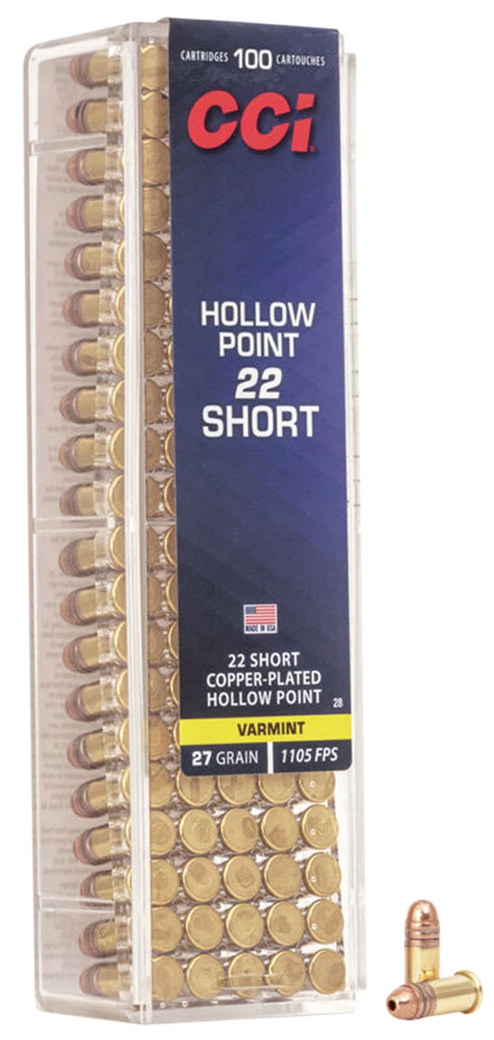 CCI 0028 VNT Rimfire 22Short 27gr Copper Plated Hollow Point 100 Per Box/50 Case