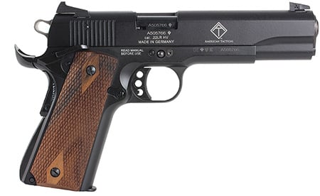 GSG GSG2210M1911CA 1911 *CA Compliant 22 LR 10+1 5" All Black Anodized Steel Barrel, Serrated Slide, Zinc Alloy w/Beavertail Frame, Double Diamond Walnut Grip